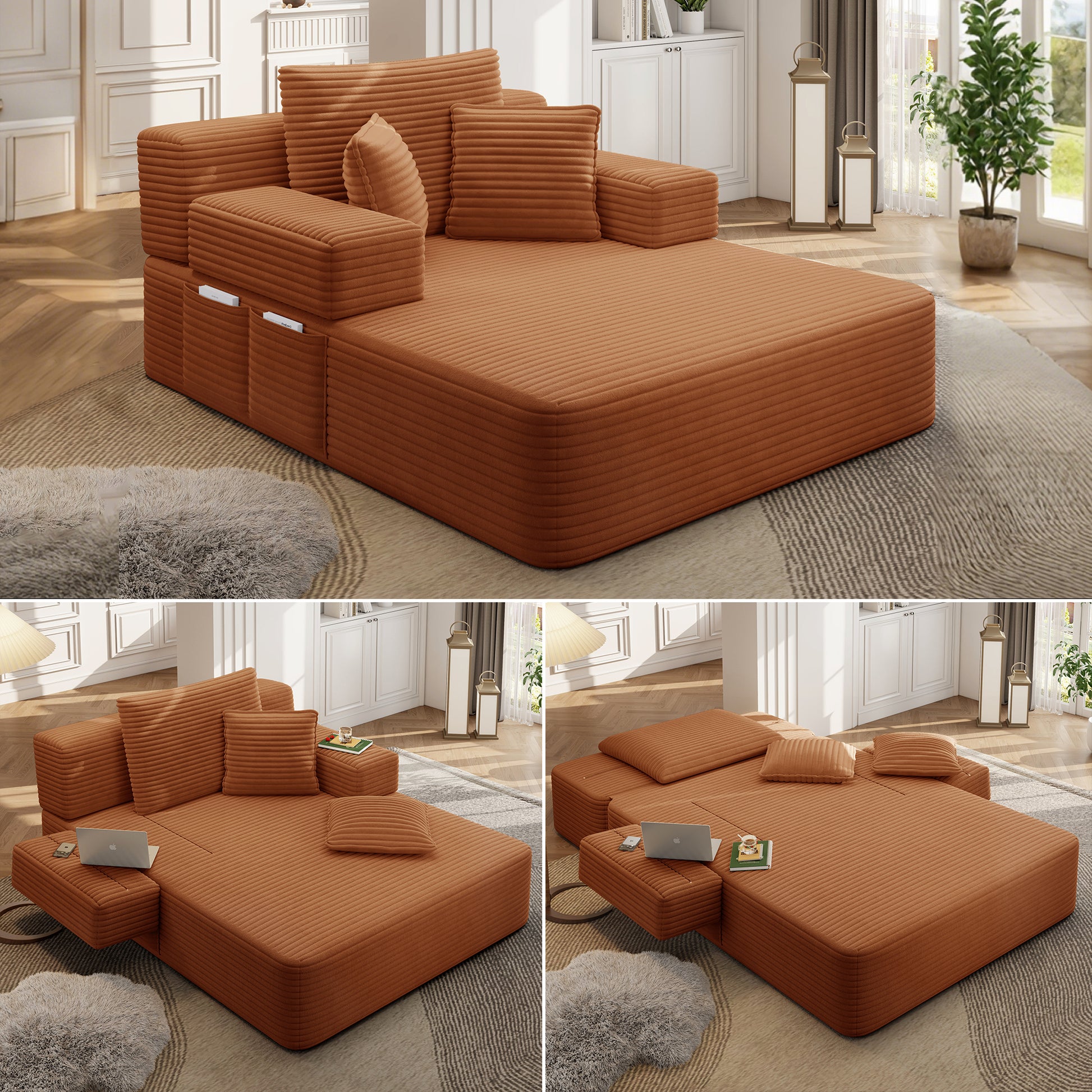 Luxurious Plush Corduroy Chaise Lounge with 3 Pillows - Orange - primary color shot