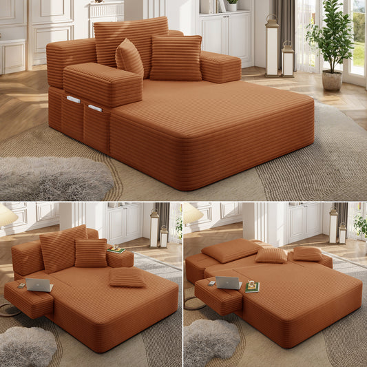 Luxurious Plush Corduroy Chaise Lounge with 3 Pillows - Orange - primary color shot