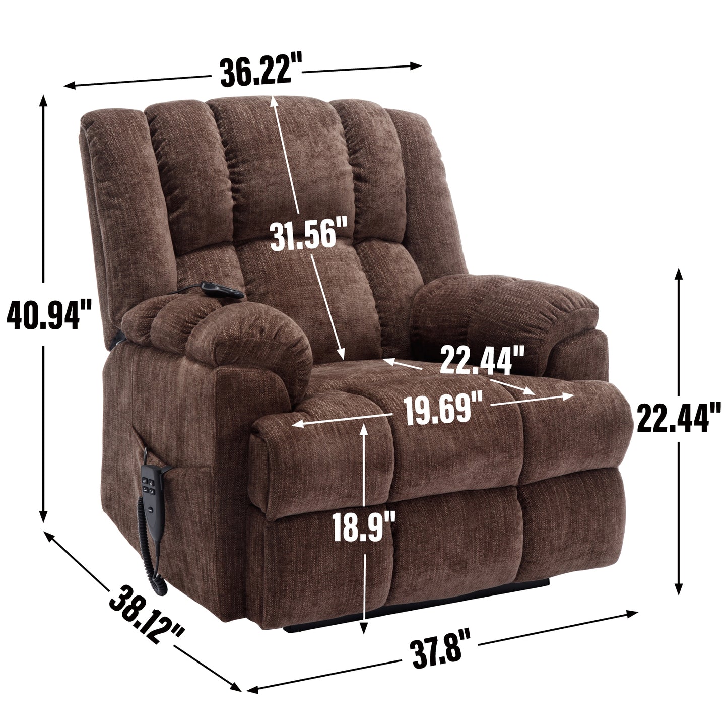 Dual Motor Heat Massage Infinite Position Up to 350 LBS Electric Power Lift Recliners with Power-Remote - Brown - detail view 3
