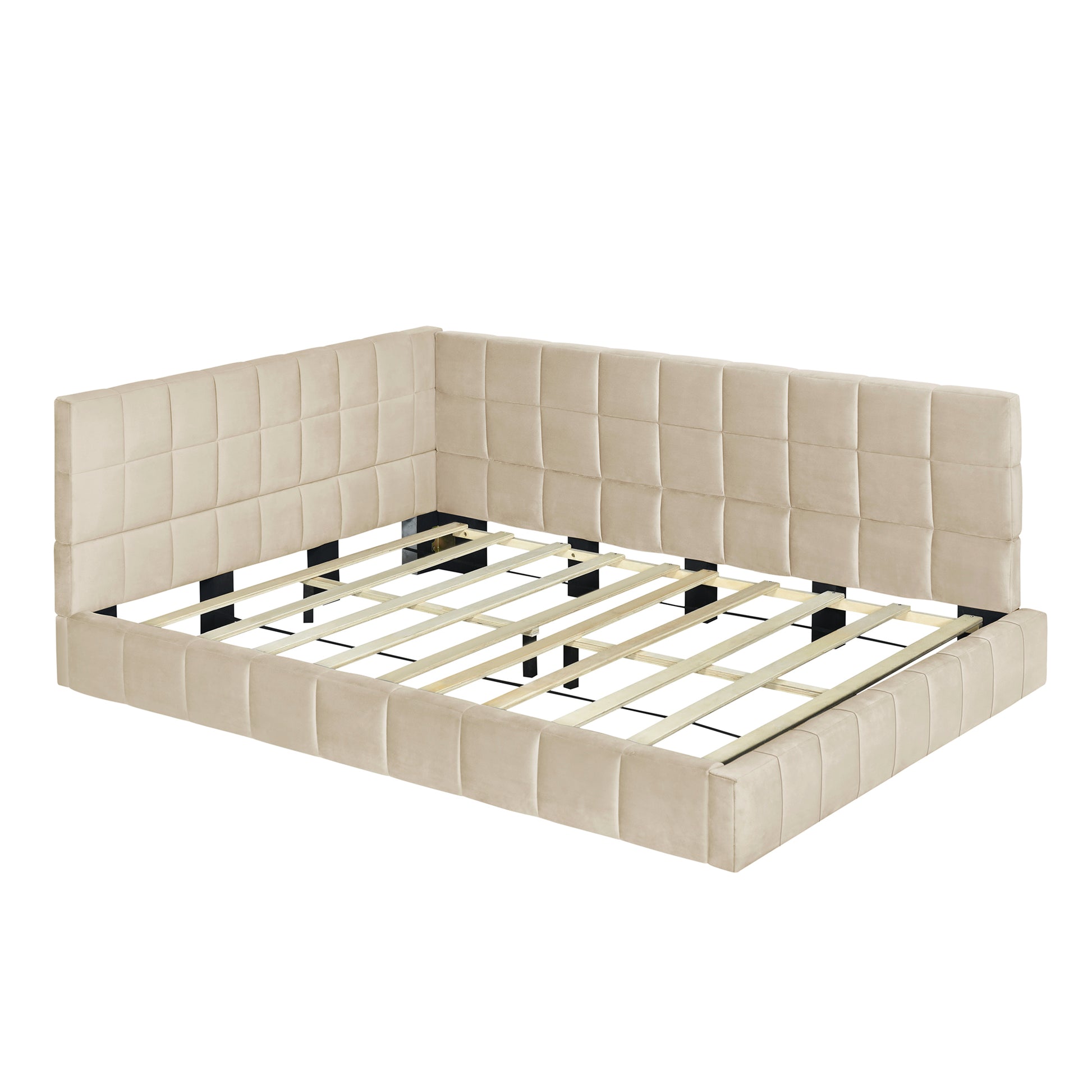 Asher Full Size Velvet Corner Daybed Bed Frame, Beige