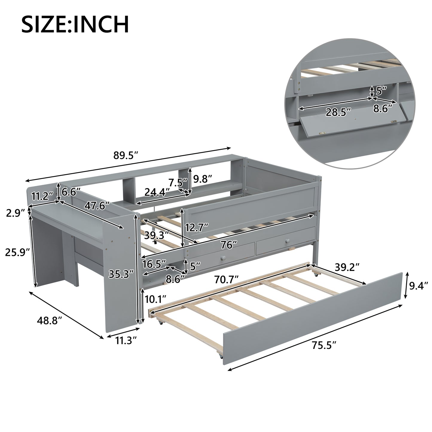 Auden Multi-Functional Twin Daybed with Drawers and Trundle, Gray