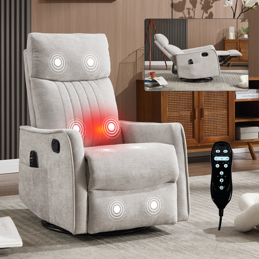 Light Grey Heat Massage Manual Recliner Chair with Rocker and Swivel in Fabric - Light Gray - primary color shot