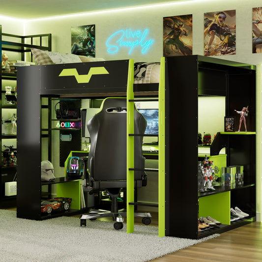 Full Size Wood Loft Bed with Power Outlet & Usb/type-C Ports - Green - primary color shot