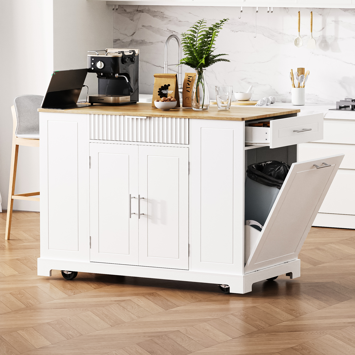 K&k Fluted Kitchen Island with Trash Can Storage Cabinet - White - detail view 2