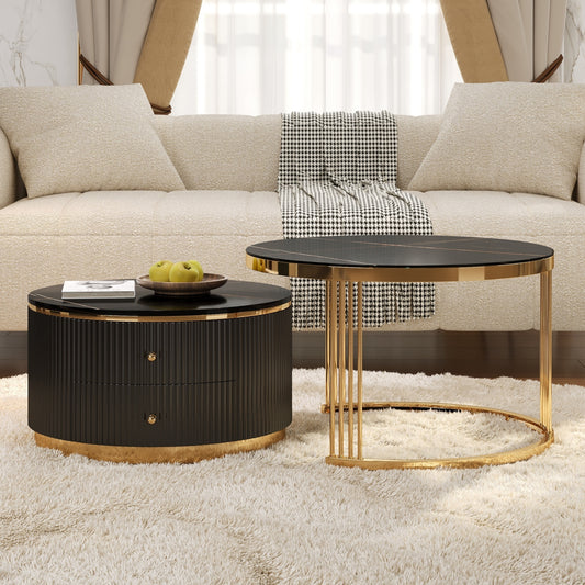 Modern 2 Pieces Black Round Nesting  Coffee Table with Drawers in 27.6''