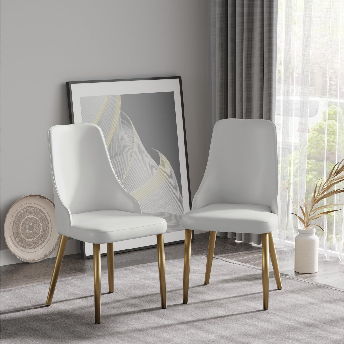 Deen Modern Light Gray PU Leather Side Chairs with Gold Legs Set of 2