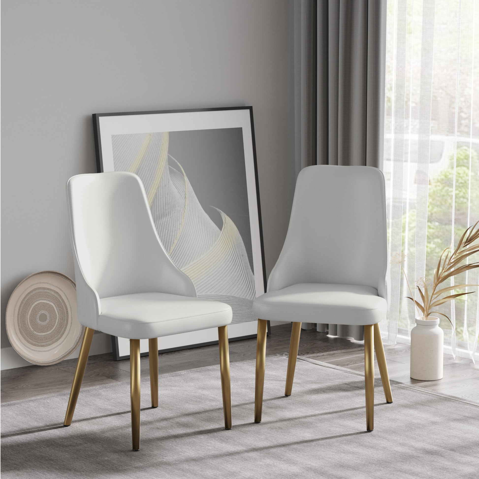 Deen Modern Light Gray PU Leather Side Chairs with Gold Legs Set of 2