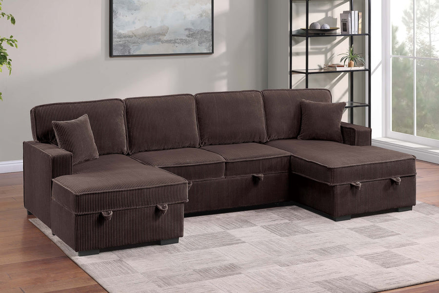 Chocolate Finish Modern Style Convertible Sectional 3pc Corduroy Fabric Upholstered Sleeper Sofa Two Storage Chaises Primary Living Room - primary color shot
