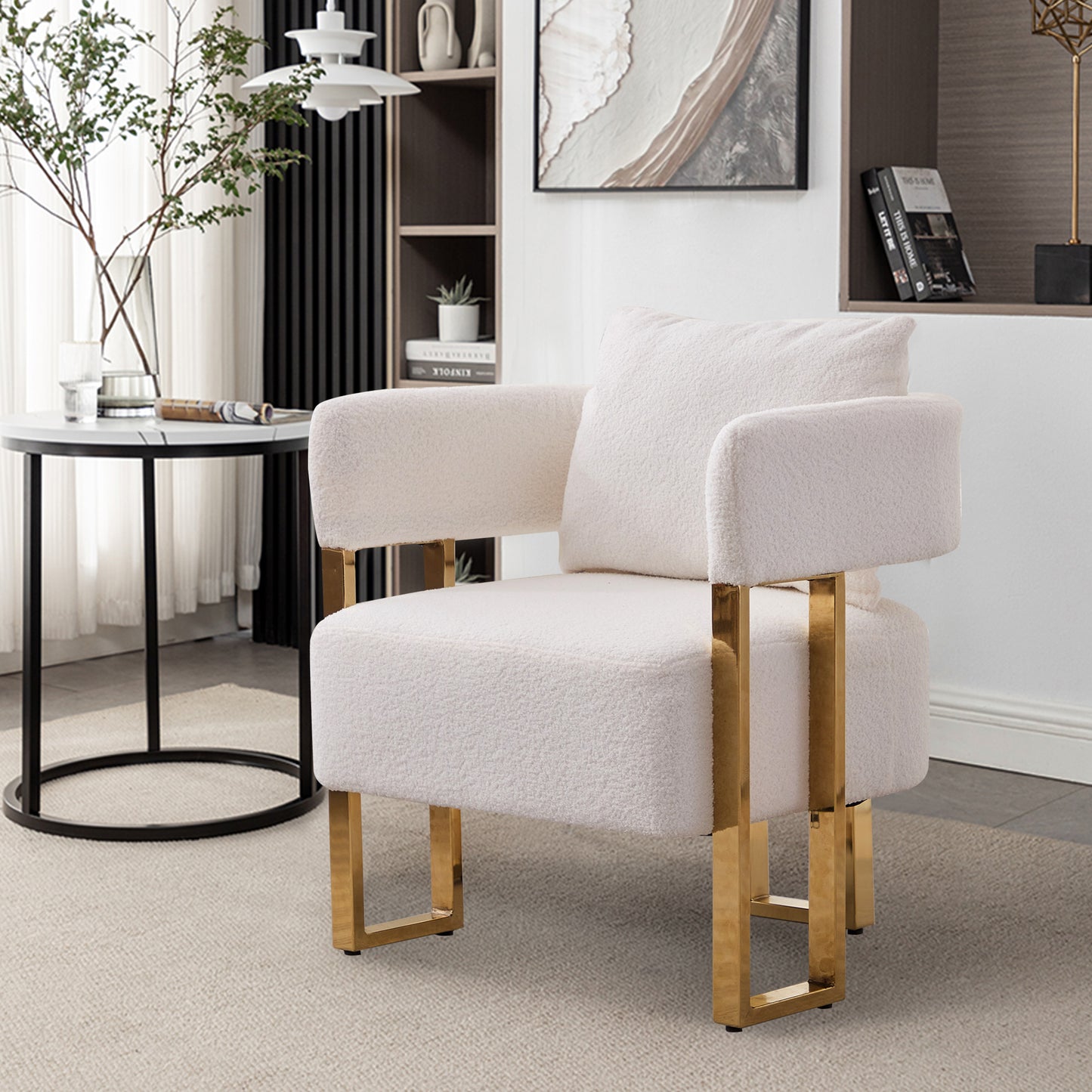 White Bouclé Steel Frame Accent Chair with Gold Legs - detail view 2