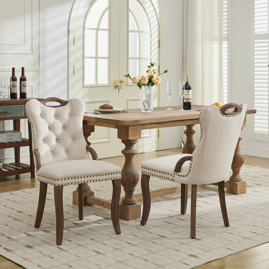 Beige Fabric Tufted Dining Chairs with Wood Legs (Set of 2)