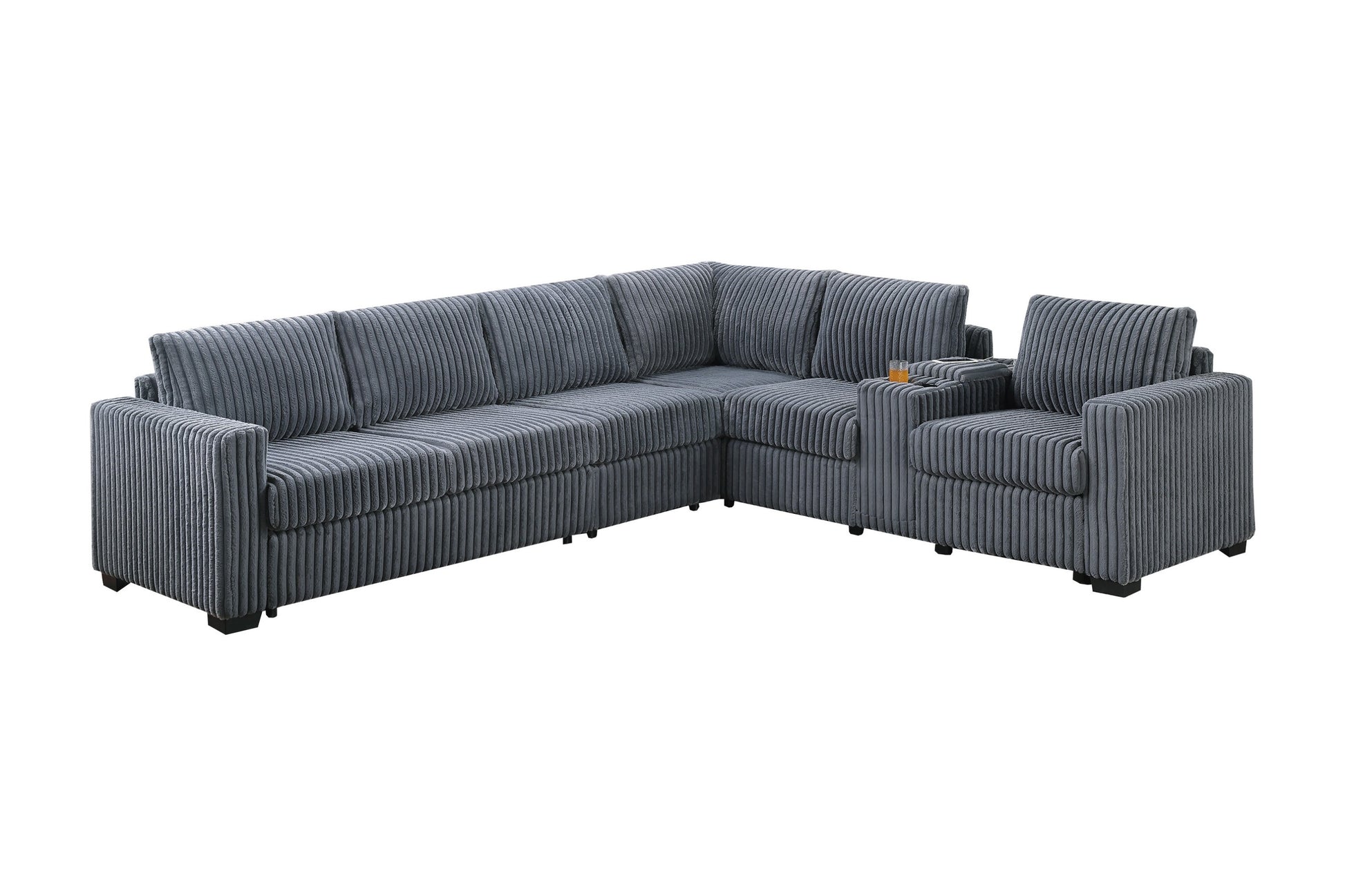 Modern Style L-Shape 4pc Sectional Set Dark Gray Finish Reversible Loveseat USB Ports Cup Holder Armless Chair Plastic Legs Corduroy Upholstered Primary - detail view 2