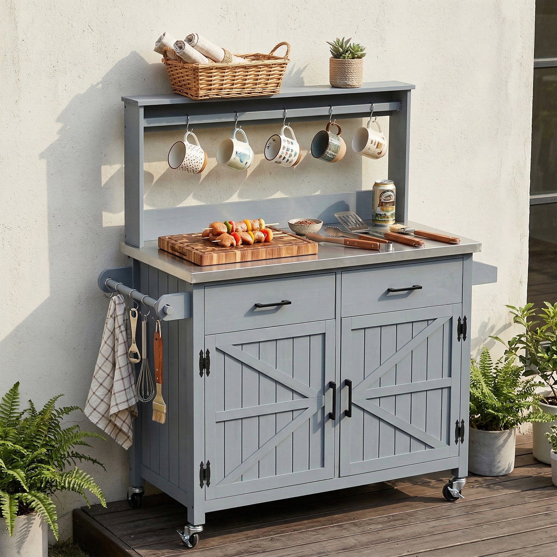 K&k 54.1' Outdoor Kitchen Island with High Shelf - Grey & Blue - detail view 2