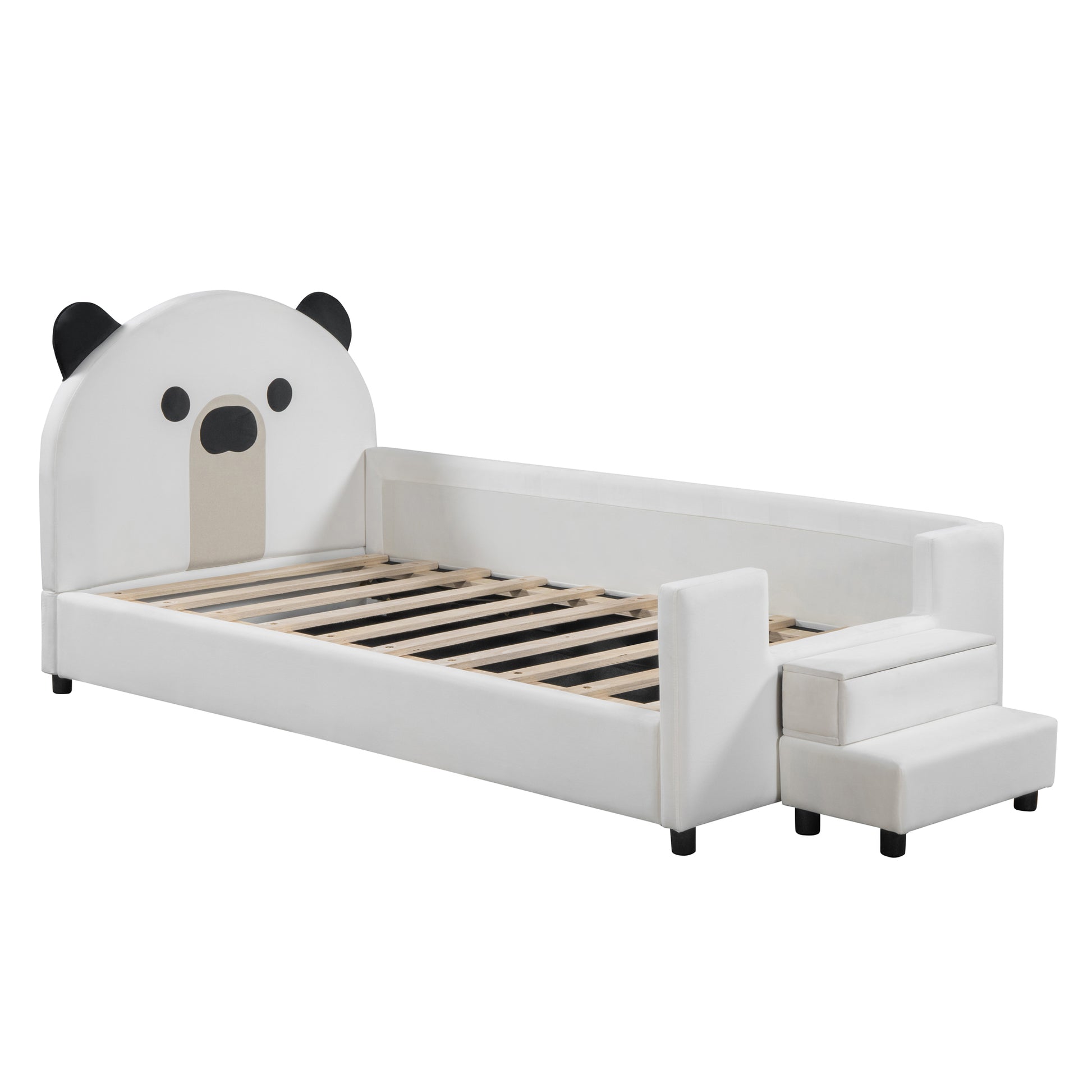 Jorvik Twin Size Velvet Daybed with Bear Shaped Headboard, Hydraulic System and Breathable Mesh Fence, White
