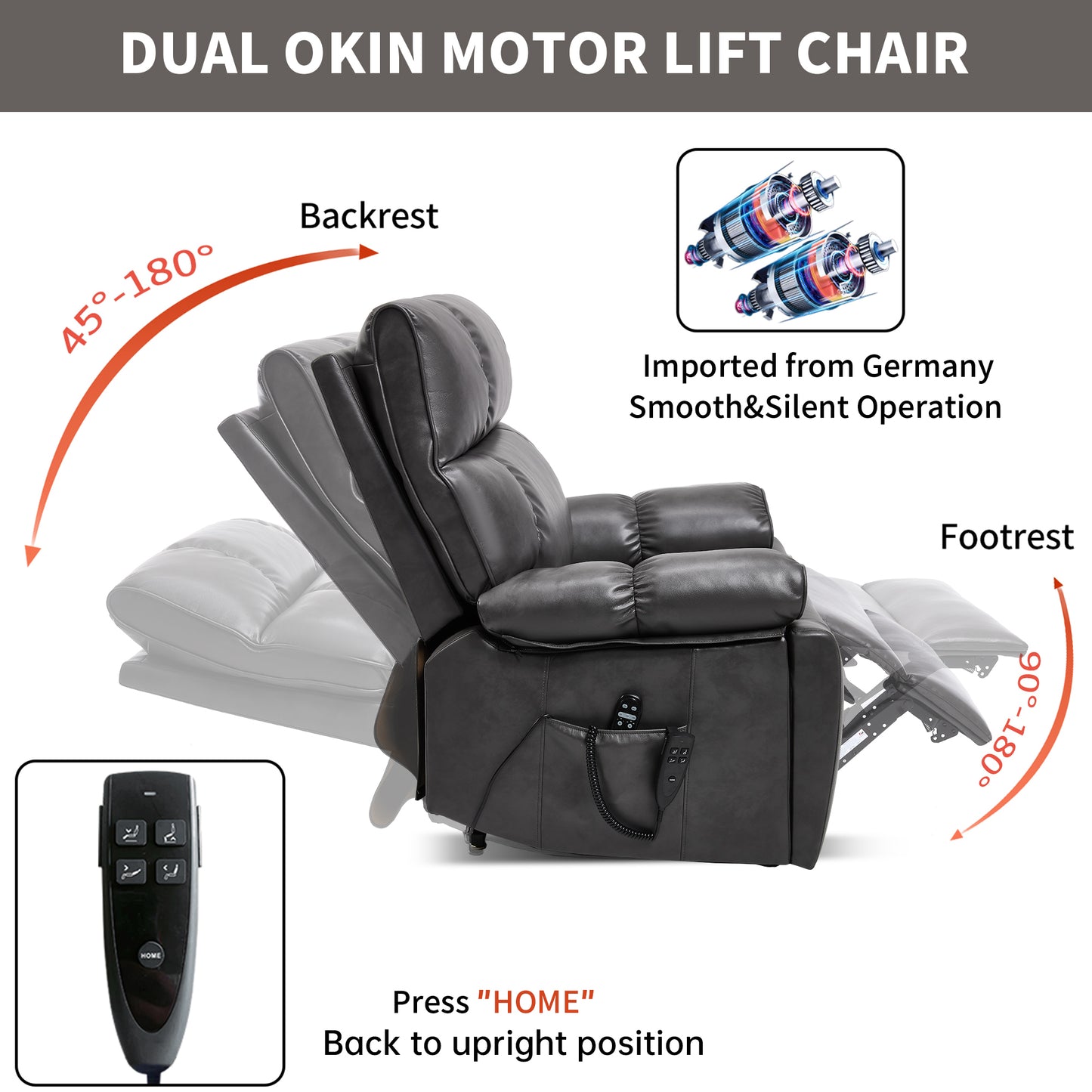 Dark Grey Leatheraire Heat Massage Dual Motor Infinite Position Up to 350 LBS Large Electric Power Lift Recliners with Hidden Cup Holders - detail view 4