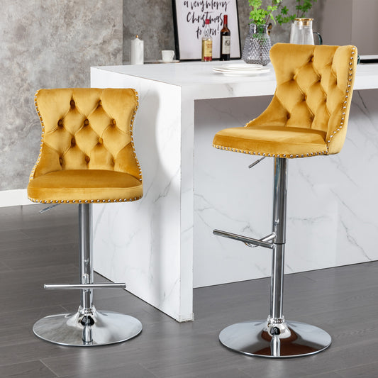 Gold Velvet Tufted Bar Stool with Silver Legs (Set of 2)
