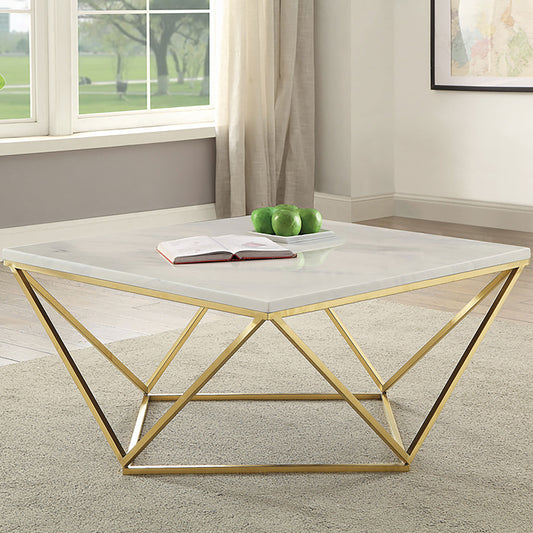 Milley Contemporary White Faux Marble & Brass Coffee Table