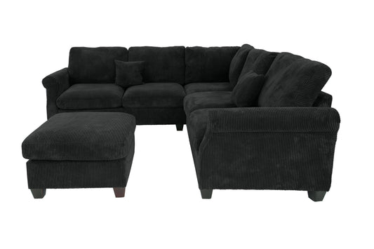4pc Sectional Set Matching Pillow Cocktail Ottoman Corner Wedge Right And Left Arm Loveseat Corduroy Upholstered Black Finish Primary Living Room - detail view 2