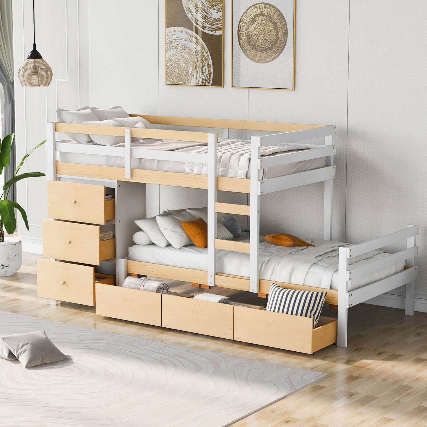 Hughes Twin over Twin Bunk Bed with Drawers and Ladder, Natural