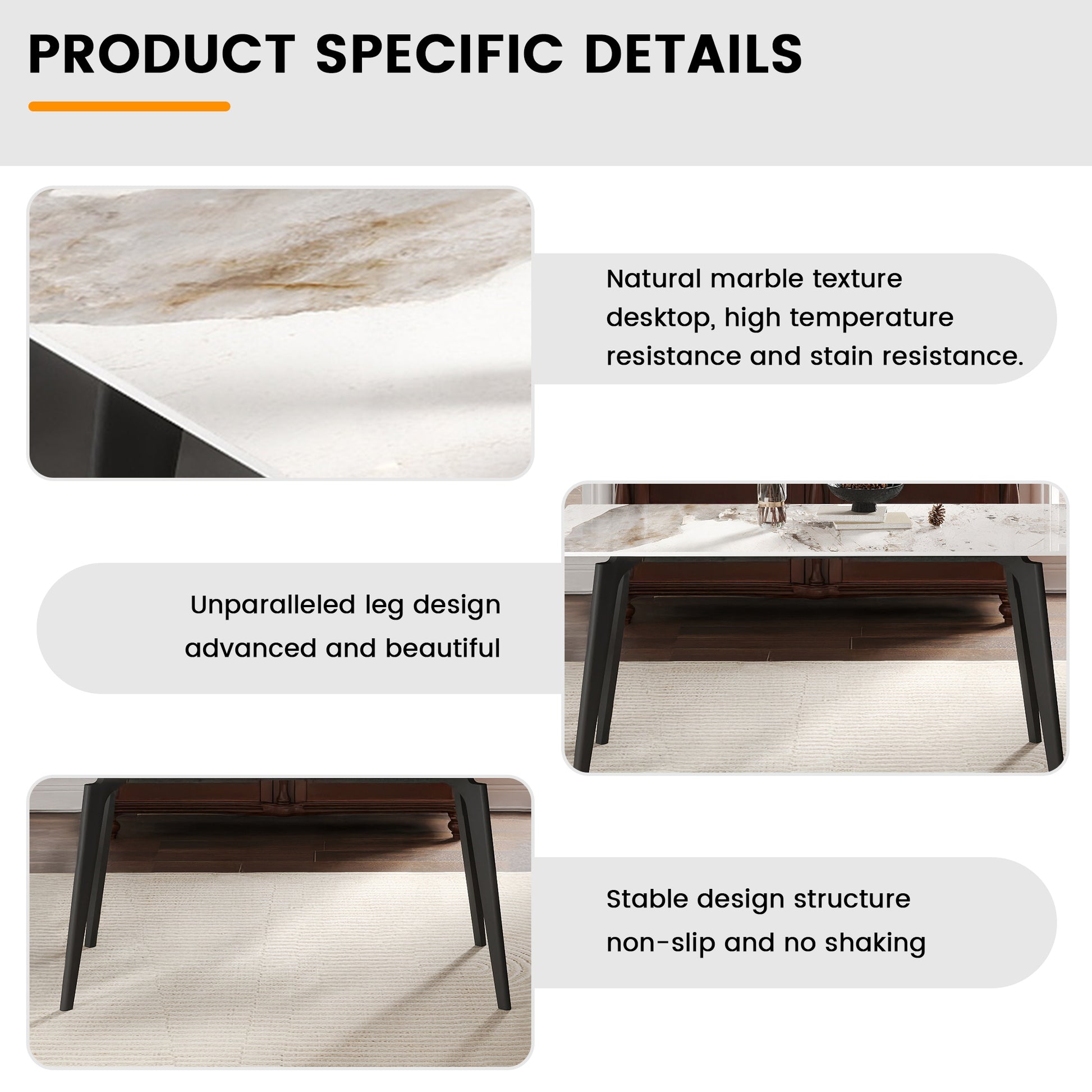62" Modern Artificial Stone White Pandora Straight Edge Black Metal Leg Dining Table-Can Accommodate 6 People(dining Table Only) - detail view 8