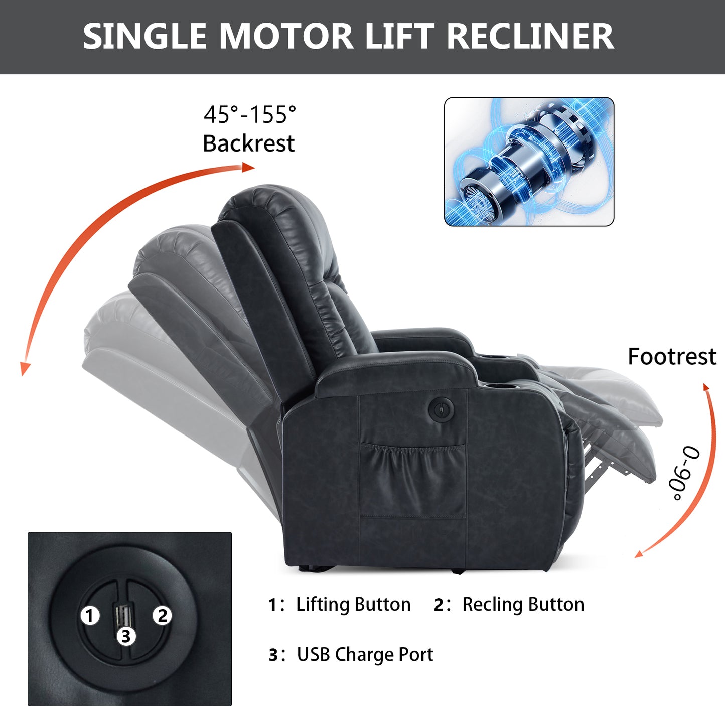 Dark Grey PU Linfinite Position Up to 350 LBS Power Lift Recliner Chair for Elderly - Gray - detail view 6