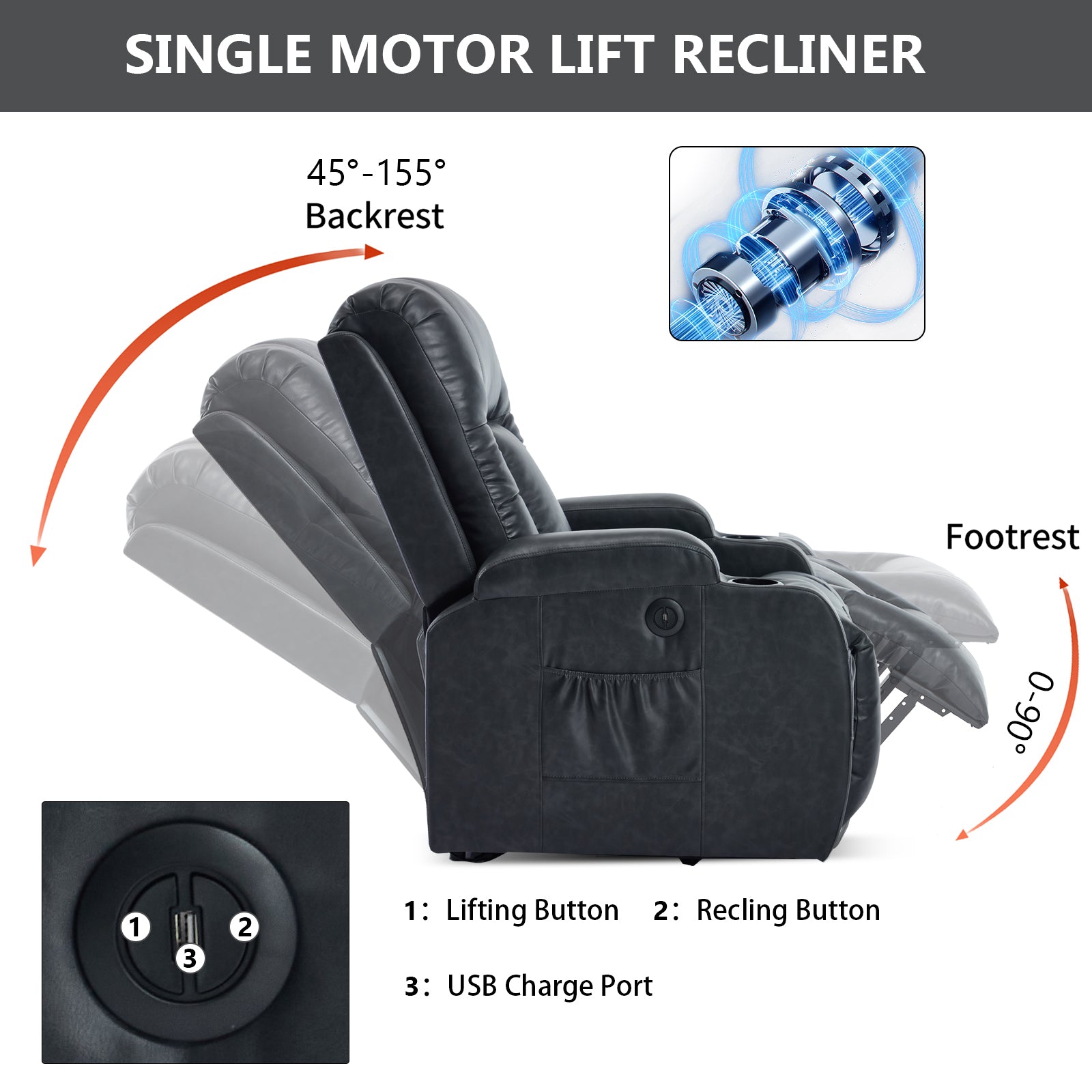 Dark Grey PU Linfinite Position Up to 350 LBS Power Lift Recliner Chair for Elderly - Gray - detail view 6
