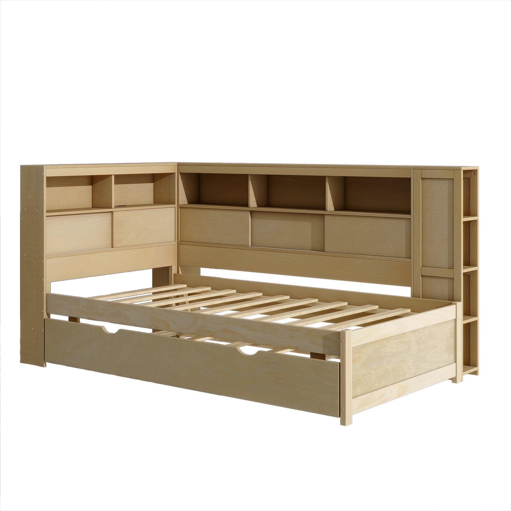Auden Twin Size Wood Daybed with Storage Shelves, USB and Trundle, Natural