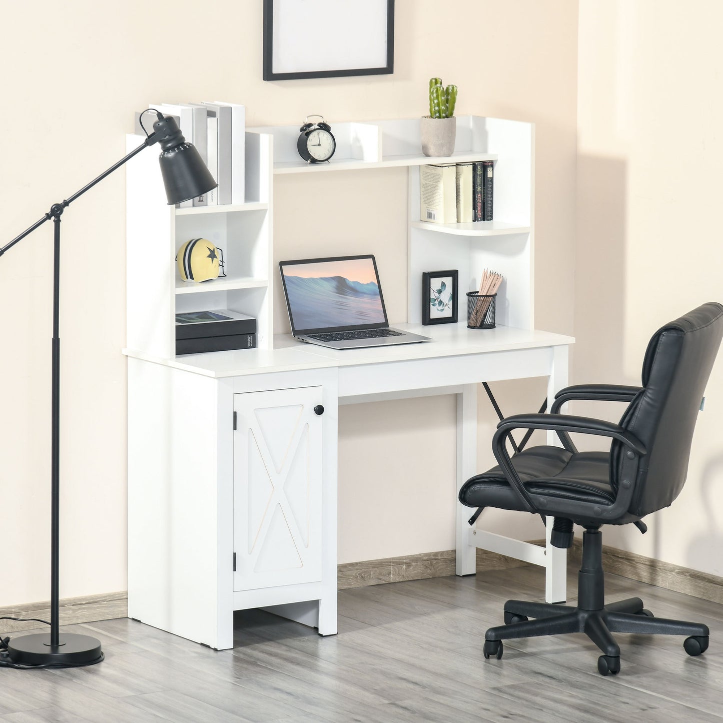 Tova Farmhouse Computer Desk with Hutch and Cabinet,White