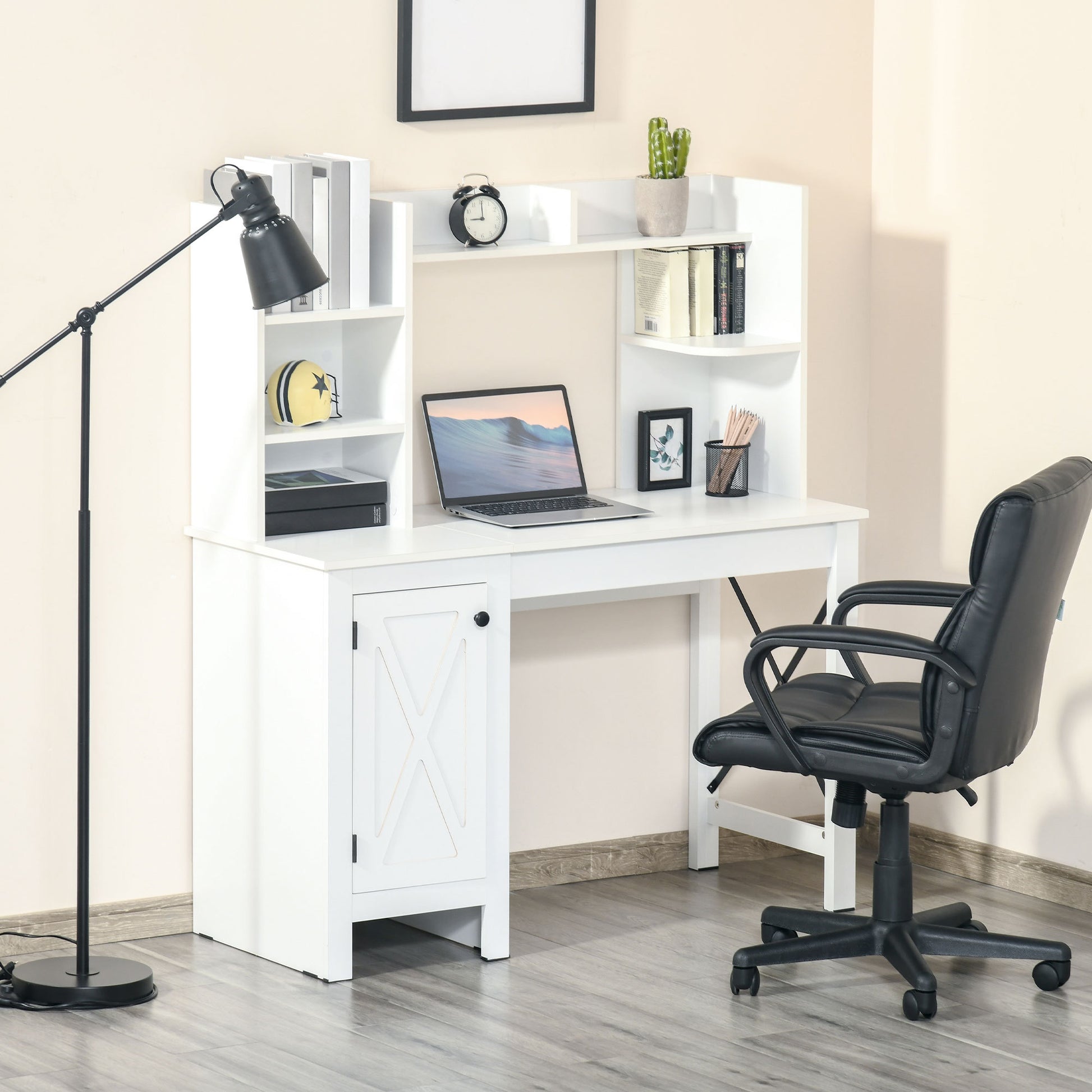 Tova Farmhouse Computer Desk with Hutch and Cabinet,White