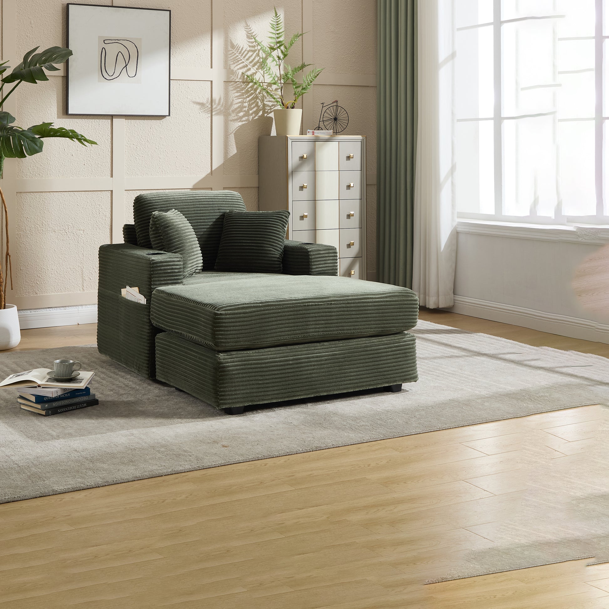 [new]corduroy Upholstered Chaise Lounge Sofa - Green - detail view 4