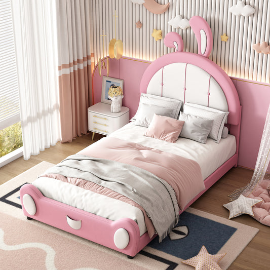 Allison Twin Size Upholstered Platform Bed with Rabbit Shaped Headboard, Pink