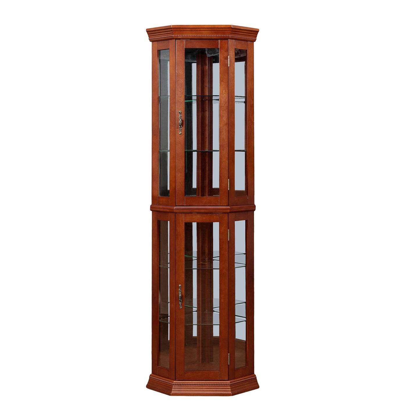 Edith Traditional Corner Curio Cabinet with Mirrored Back, Walnut