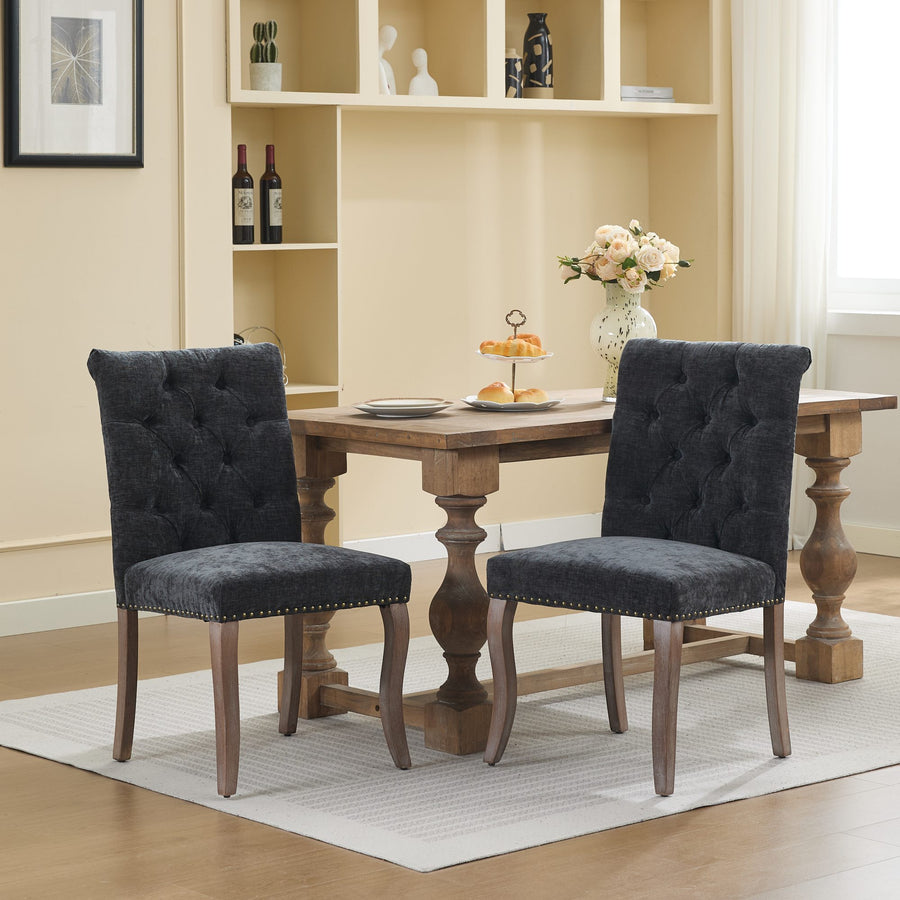 Black Chenille Tufted Dining Chairs with Black Legs (Set of 2)