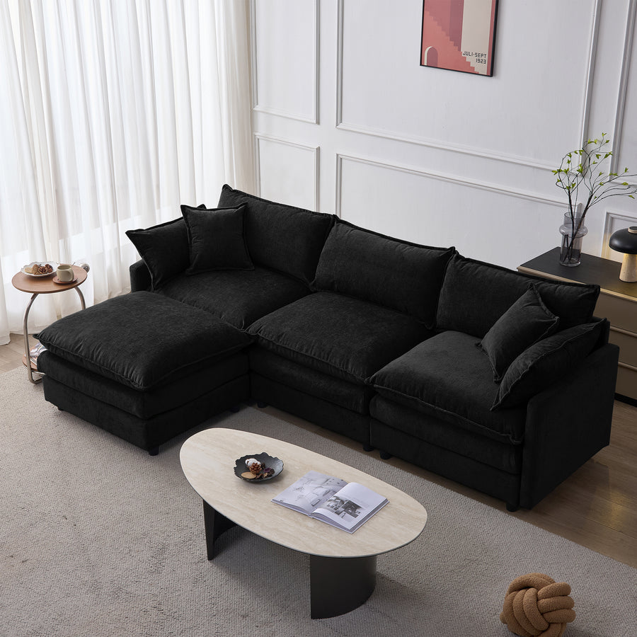 105' Modular Sectional Couch,Upholstered Soft Chenille Fabric Sofa,3 Seater with Ottoman L Shape Sofa Black - primary color shot
