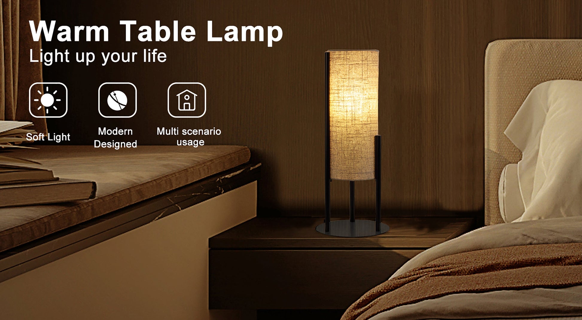 22' H Modern Upright Beige Linen Drum Black Metal Table Lamp