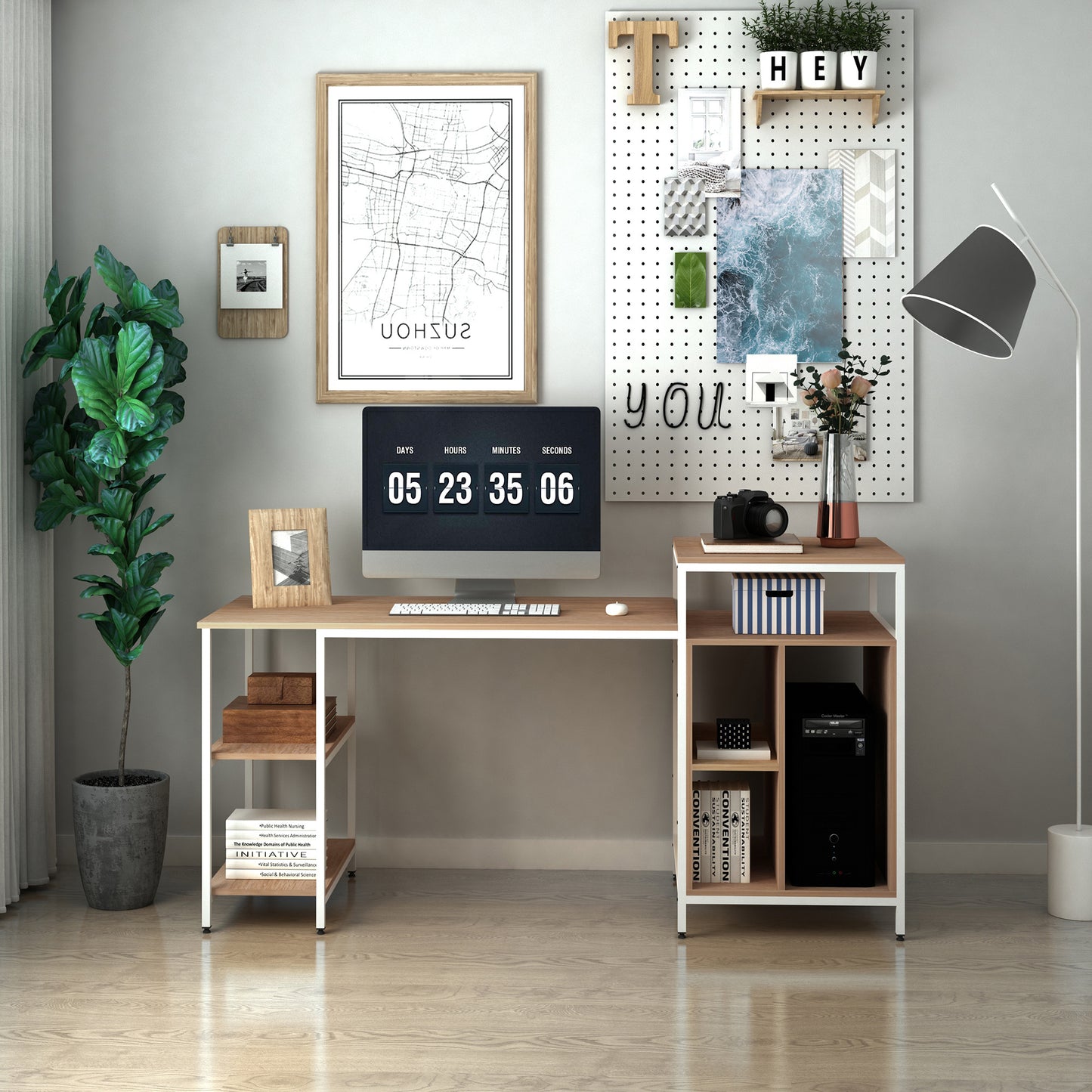 68 Inch Office Table Computer Desk Workstation Bookshelf with CPU Stand, Spacious Storage Shelves & Chic Modern Woodgrain Design, Oak Wood Grain