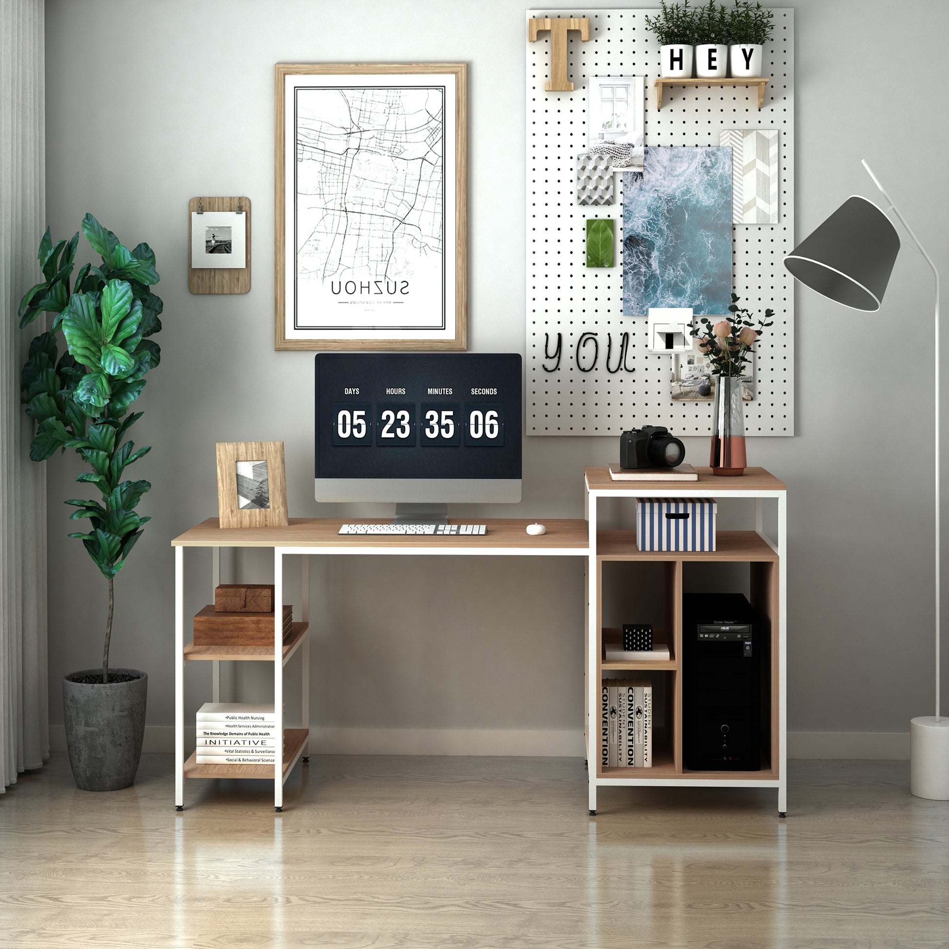 68 Inch Office Table Computer Desk Workstation Bookshelf with CPU Stand, Spacious Storage Shelves & Chic Modern Woodgrain Design, Oak Wood Grain