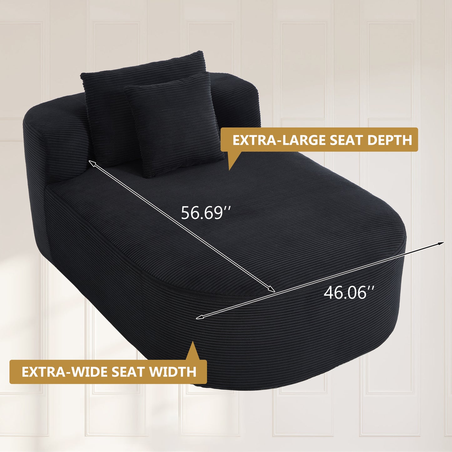 68" Chaise Lounge Chair 46'' Wide Seat Indoor Corduroy Oversized Sleeper Sofa - Black - detail view 4