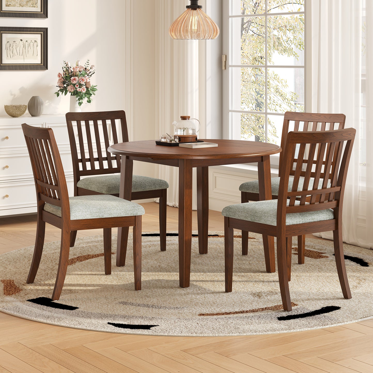 5-Piece Round Dining Table Set for 4 People - Brown - Gray - detail view 2