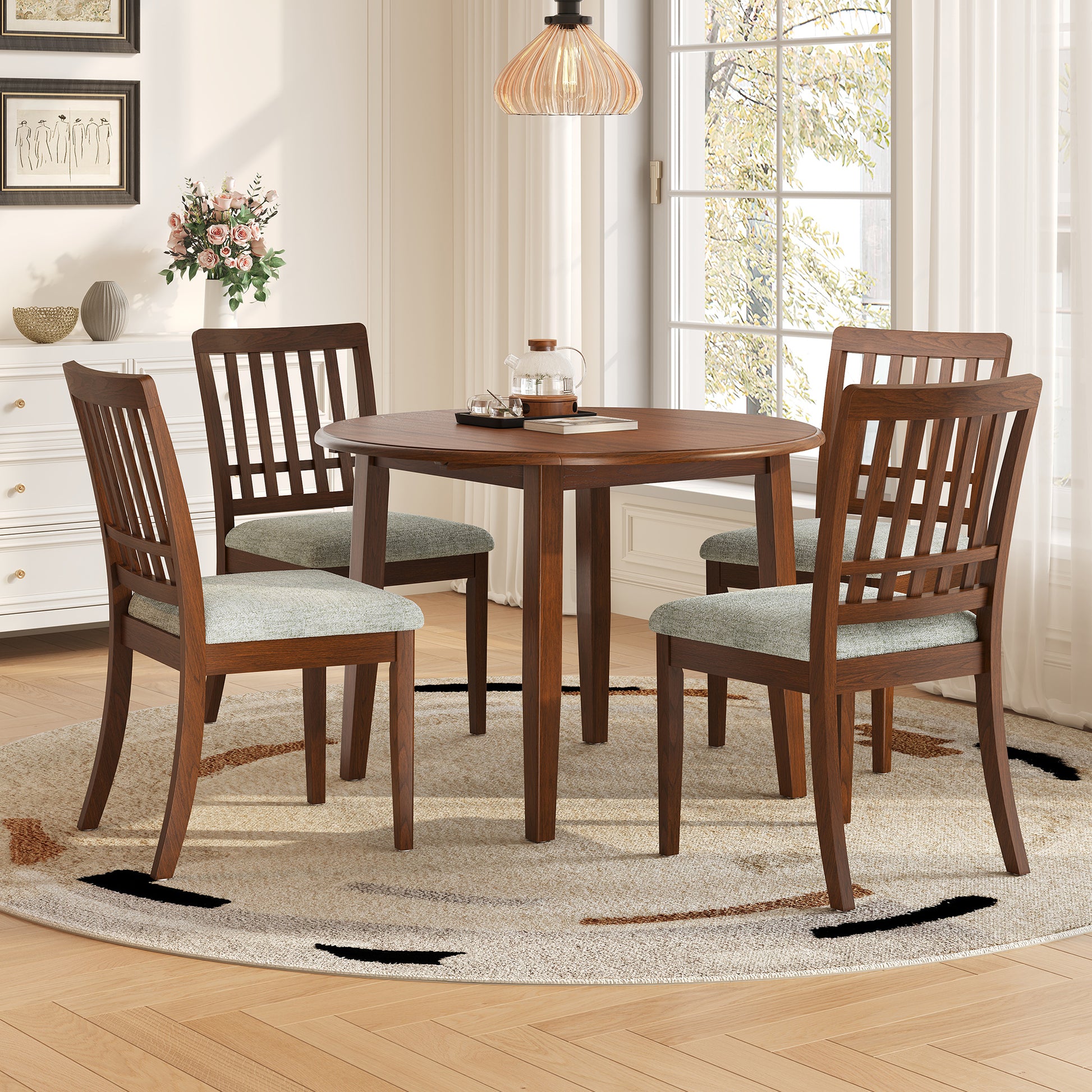 5-Piece Round Dining Table Set for 4 People - Brown - Gray - detail view 2