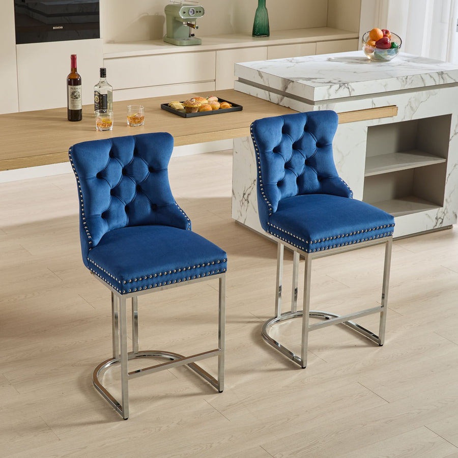 Blue Velvet Tufted Counter Height Stool with Silver Legs (Set of 2)