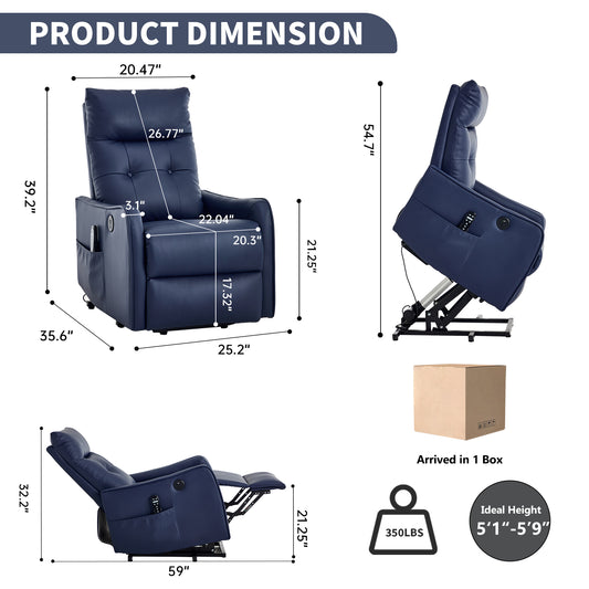 Deep Blue PU Single Motor Power Lift Recliner Chair with Massage and Heat for Elderly - detail view 2