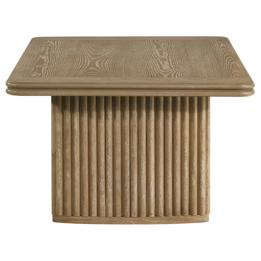 Adina Rectangular Coffee Table with Dual Reeded Pedestal Base – Distressed Light Brown