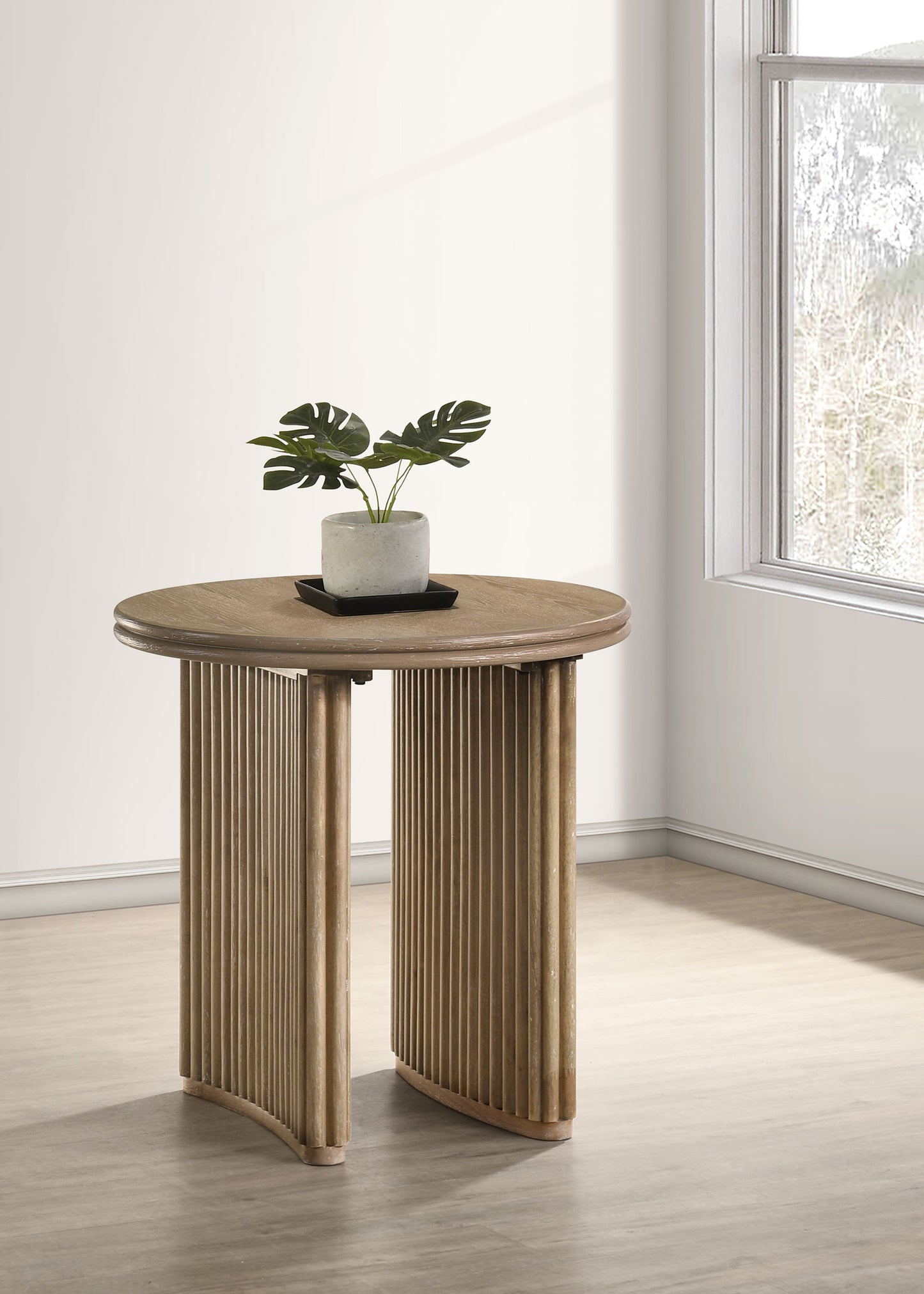 Adina Round End Table with Reeded Pedestal Base – Distressed Light Brown