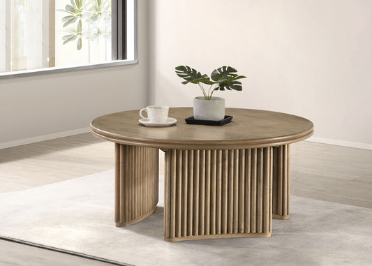 Adina Round Coffee Table with Reeded Pedestal Base – Distressed Light Brown