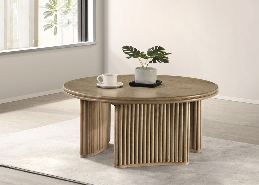 Adina Round Coffee Table with Reeded Pedestal Base – Distressed Light Brown