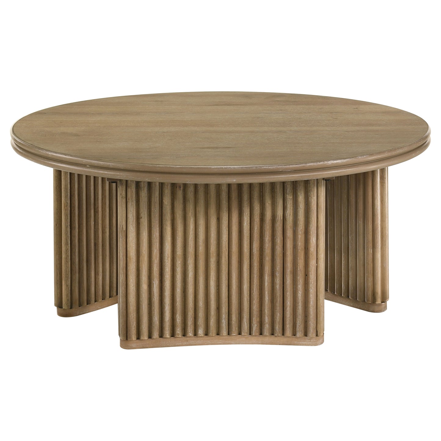 Adina Round Coffee Table with Reeded Pedestal Base – Distressed Light Brown