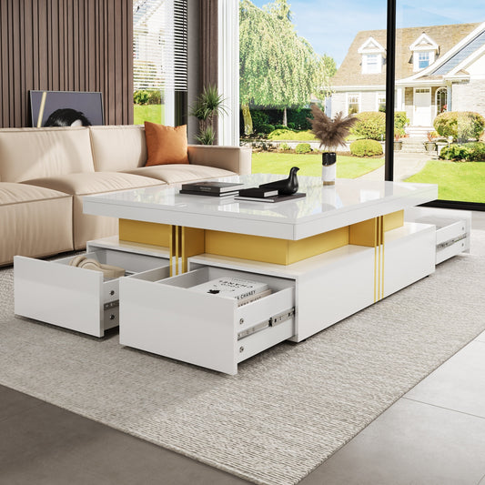 Modern Glossy Square Storage Coffee Table with 4 Drawers, 43.3', White