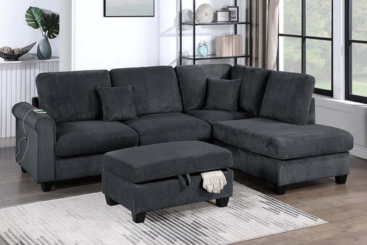 Contemporary Style 3pc Sectional Set Right Arm Chaise Left Arm Sofa w/ USB Port Storage Ottoman Throw Pillow Wooden Legs Black Finish - primary color shot