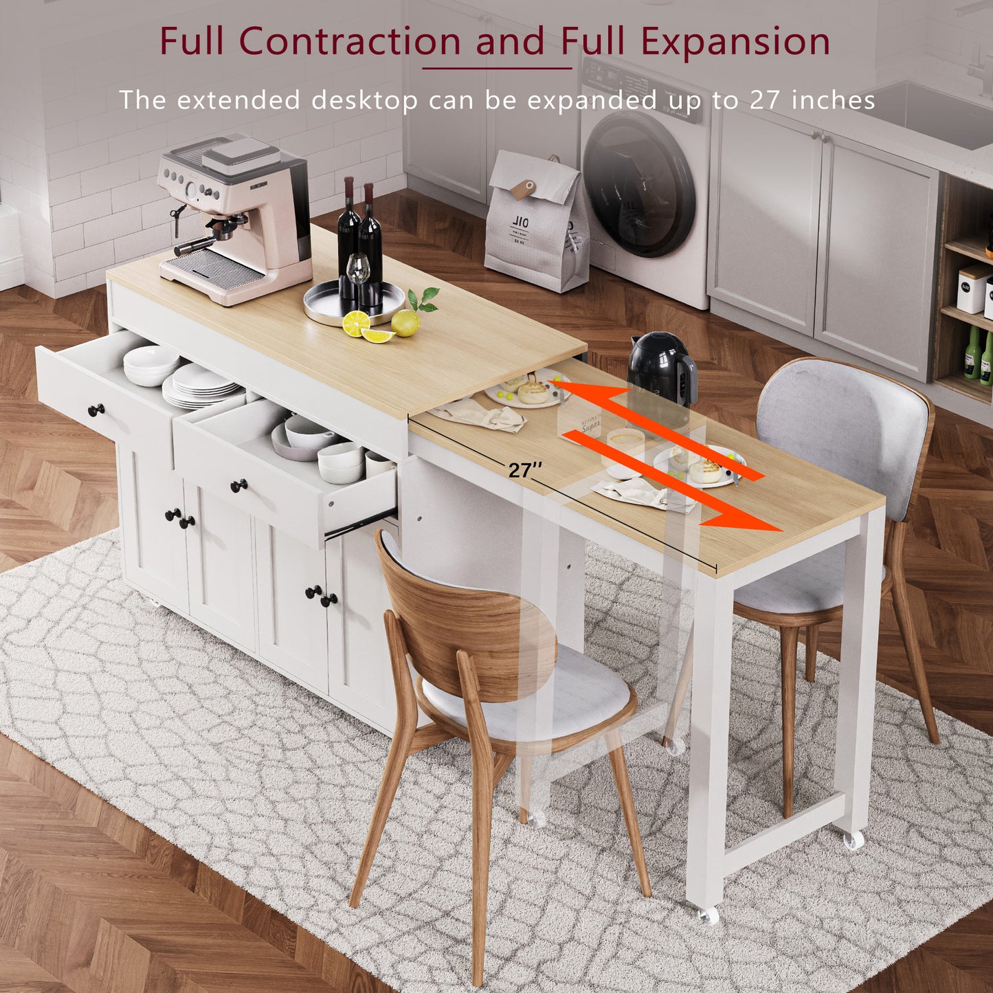 K&k 74" Kitchen Island with Extendable Dining Table - White - detail view 5