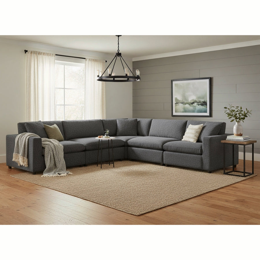 Cassandra Modular 5-Piece Sectional in Charcoal Grey with Solid Wood Legs and Plush Fabric Upholstery - detail view 3